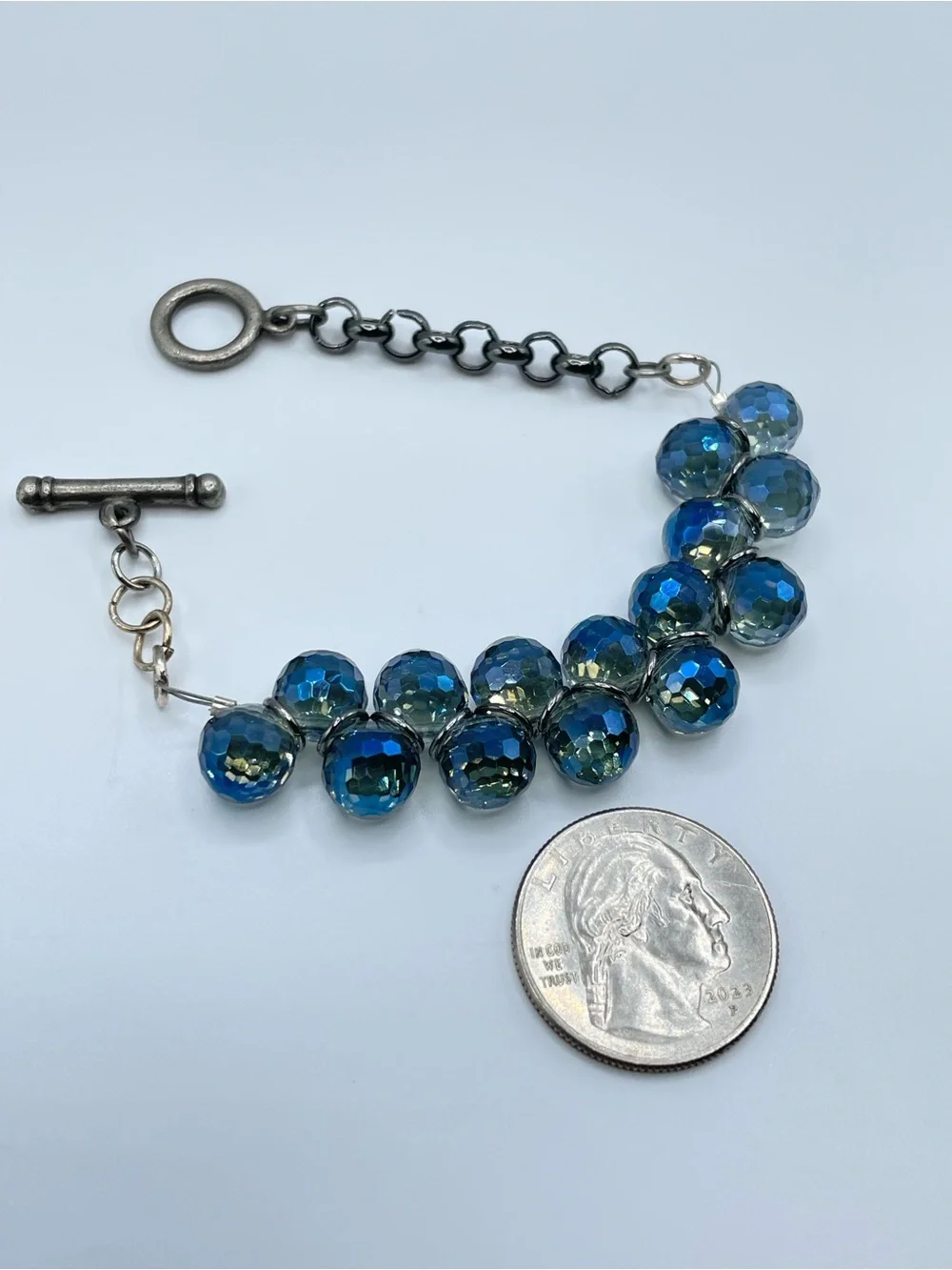 Silver Gunmetal Tone Blue AB Crystal Glass Tennis Bracelet Glam Sparkle